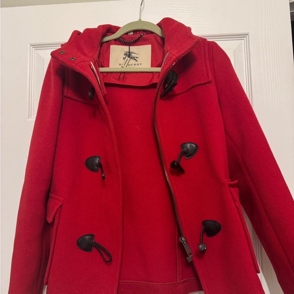 Burberry Red Pea Coat with hood!! Beautiful